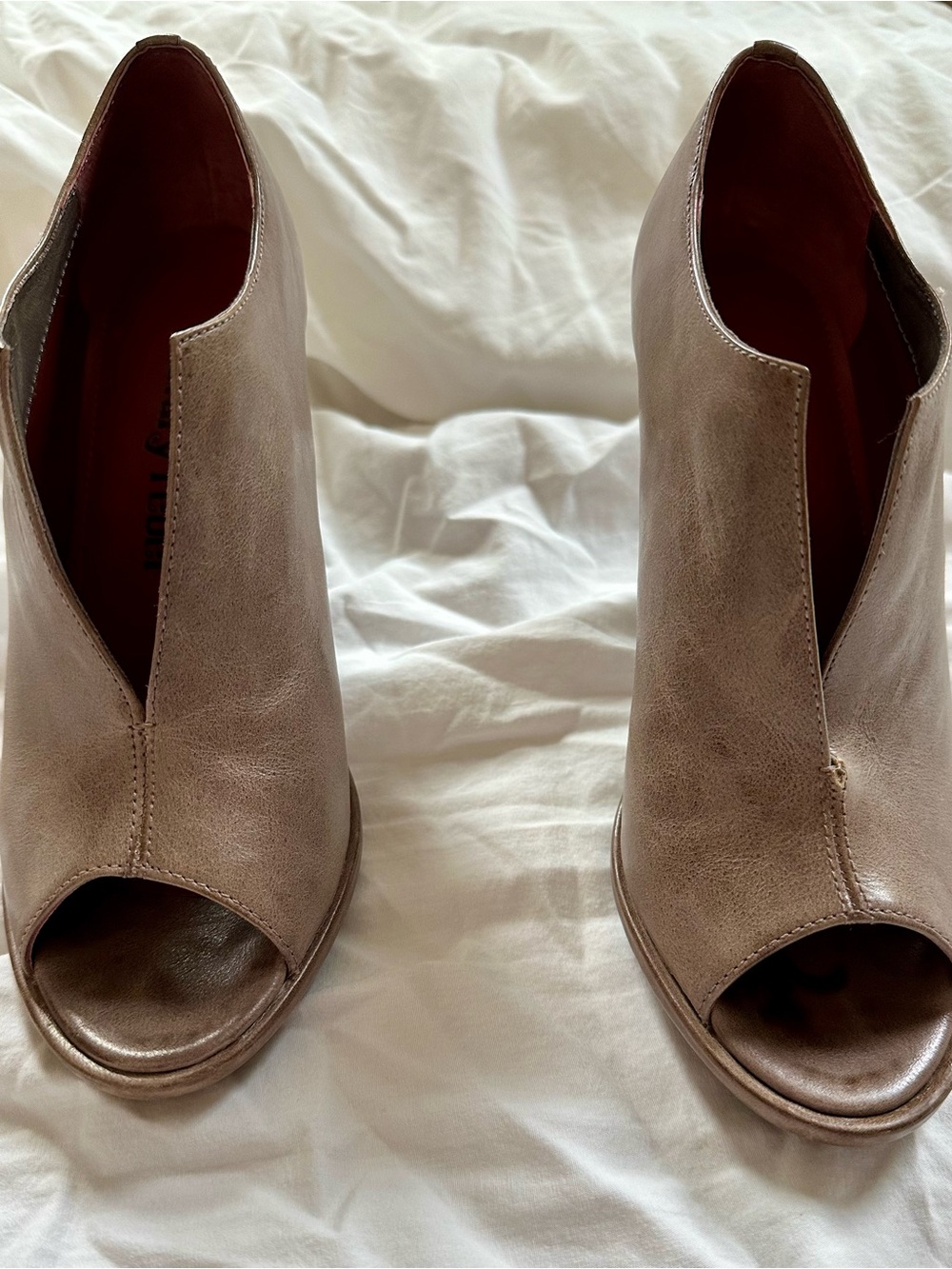 luxury rebel Taupe Peep-Toe V-Cut Leather Ankle Boots